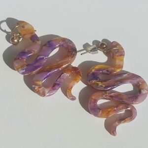 Marbled Polymer Clay Snake Earrings Handmade Drop 2.25 Inch